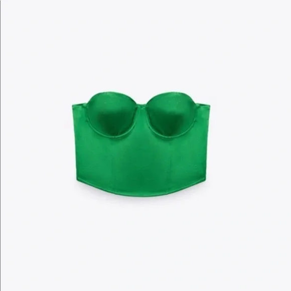 New Zara | Green Satin Effect Corset Crop Top - Picture 12 of 17